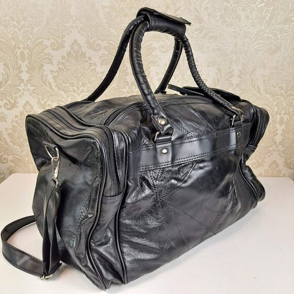 Genuine Black Leather Patchwork Duffel Bag With Adjustable Strap Multi Pockets - Picture 8 of 16